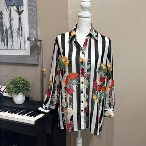 Med Sheer Print Top Blouse 100% Poly Multi Color Black White Stripe by Mishca